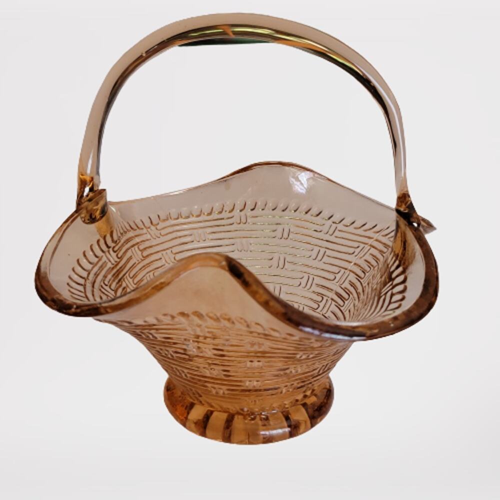 Vintage Carnival Style Glass Basket Handled Bowl Candy dish